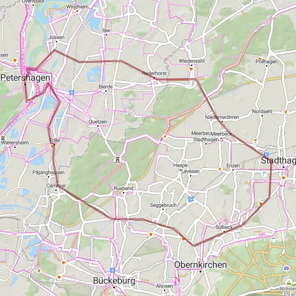 Map miniature of "Petershagen to Wiedensahl Gravel Route" cycling inspiration in Detmold, Germany. Generated by Tarmacs.app cycling route planner