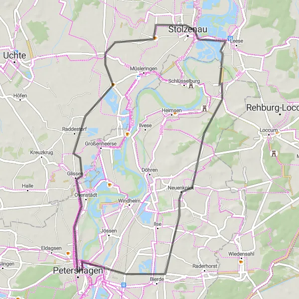 Map miniature of "Scenic Loop through Petershagen" cycling inspiration in Detmold, Germany. Generated by Tarmacs.app cycling route planner