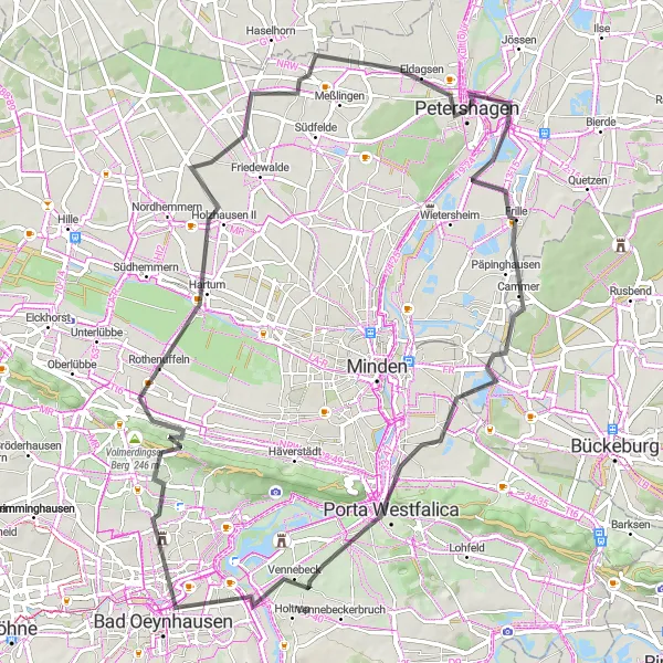 Map miniature of "Porta Westfalica Cycling Adventure" cycling inspiration in Detmold, Germany. Generated by Tarmacs.app cycling route planner