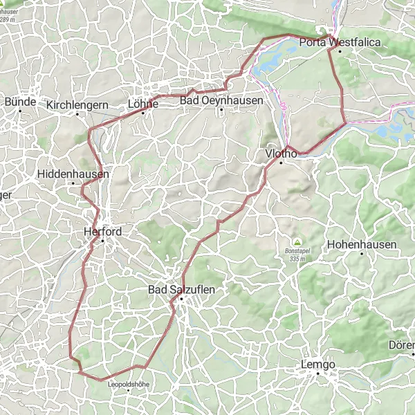 Karten-Miniaturansicht der Radinspiration "Gravel-Abenteuer um Porta Westfalica" in Detmold, Germany. Erstellt vom Tarmacs.app-Routenplaner für Radtouren