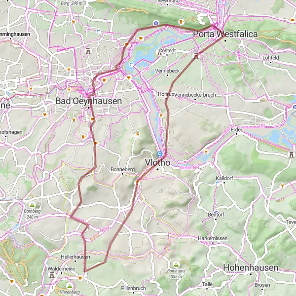 Map miniature of "Gravel Adventure around Porta Westfalica" cycling inspiration in Detmold, Germany. Generated by Tarmacs.app cycling route planner