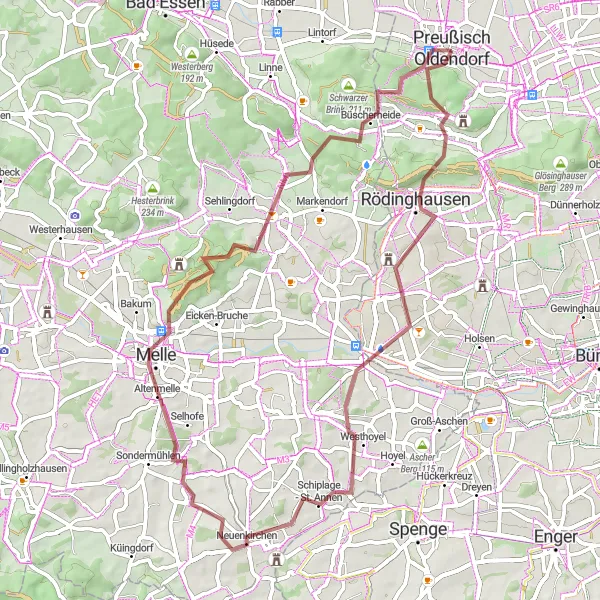 Karten-Miniaturansicht der Radinspiration "Rund um Preußisch Oldendorf" in Detmold, Germany. Erstellt vom Tarmacs.app-Routenplaner für Radtouren