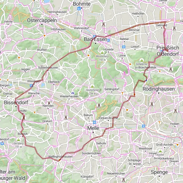 Map miniature of "Preußisch Oldendorf Loop" cycling inspiration in Detmold, Germany. Generated by Tarmacs.app cycling route planner