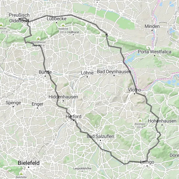 Karten-Miniaturansicht der Radinspiration "Herausfordernde Road-Tour um Preußisch Oldendorf" in Detmold, Germany. Erstellt vom Tarmacs.app-Routenplaner für Radtouren