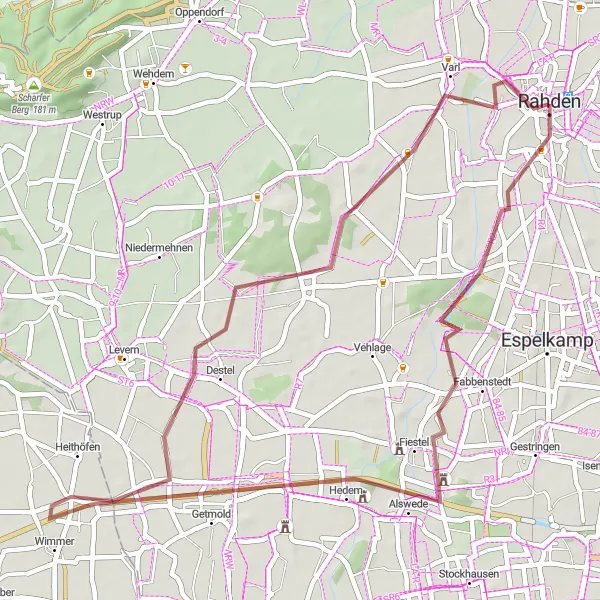 Map miniature of "Gravel Cycling Adventure through Rahden, Alswede, and Getmold" cycling inspiration in Detmold, Germany. Generated by Tarmacs.app cycling route planner