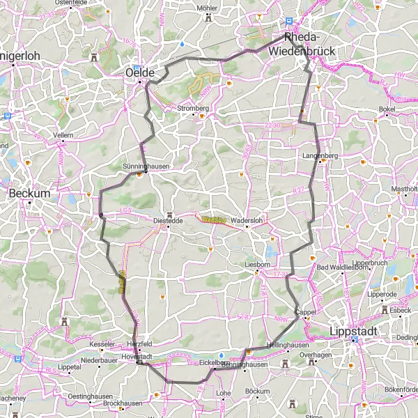 Karten-Miniaturansicht der Radinspiration "Road-Tour durch malerische Landschaften" in Detmold, Germany. Erstellt vom Tarmacs.app-Routenplaner für Radtouren