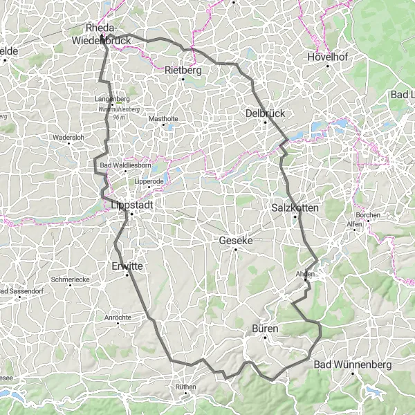 Karten-Miniaturansicht der Radinspiration "Herausfordernde Tour um Rheda-Wiedenbrück" in Detmold, Germany. Erstellt vom Tarmacs.app-Routenplaner für Radtouren