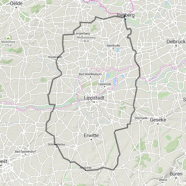 Map miniature of "Rietberg to Wadersloh Loop" cycling inspiration in Detmold, Germany. Generated by Tarmacs.app cycling route planner