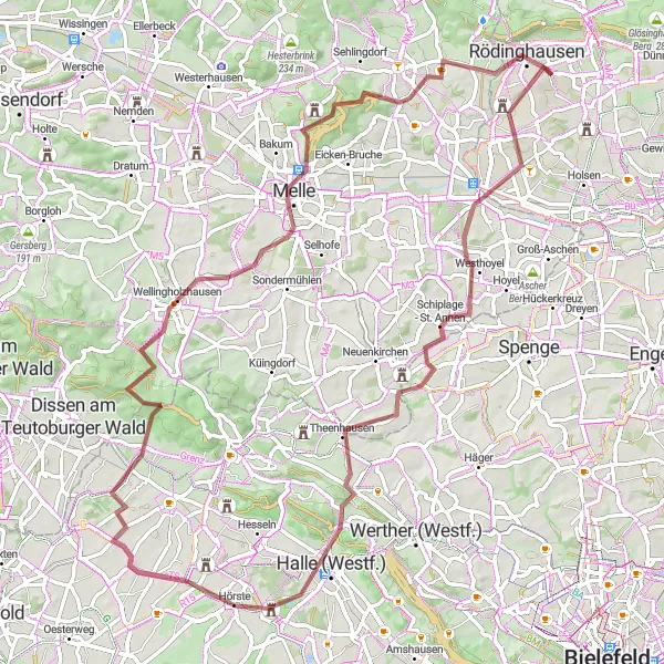 Map miniature of "The Ultimate Off-Road Challenge" cycling inspiration in Detmold, Germany. Generated by Tarmacs.app cycling route planner