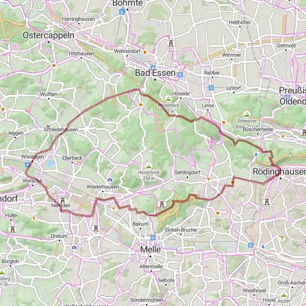 Map miniature of "The Gravel Paths of Rödinghausen" cycling inspiration in Detmold, Germany. Generated by Tarmacs.app cycling route planner