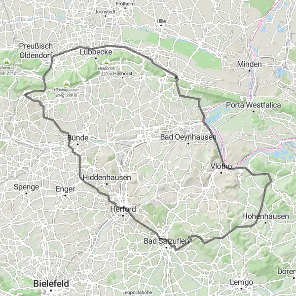 Map miniature of "Roads of Endurance" cycling inspiration in Detmold, Germany. Generated by Tarmacs.app cycling route planner