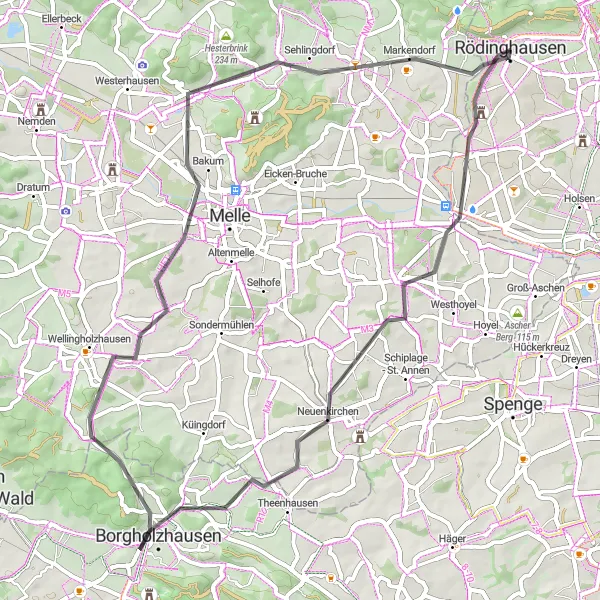 Karten-Miniaturansicht der Radinspiration "Erkunde die Umgebung von Rödinghausen" in Detmold, Germany. Erstellt vom Tarmacs.app-Routenplaner für Radtouren