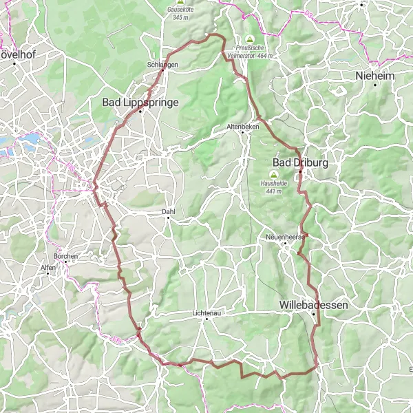 Map miniature of "Challenging Gravel Climbs" cycling inspiration in Detmold, Germany. Generated by Tarmacs.app cycling route planner