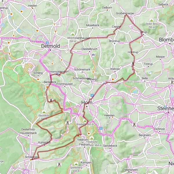 Map miniature of "Schlangen Challenge" cycling inspiration in Detmold, Germany. Generated by Tarmacs.app cycling route planner