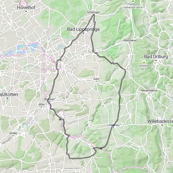 Map miniature of "Schlangen Scenic Route" cycling inspiration in Detmold, Germany. Generated by Tarmacs.app cycling route planner