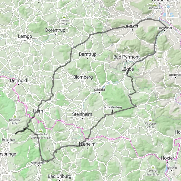 Karten-Miniaturansicht der Radinspiration "Herausfordernde Tour durch das Weserbergland" in Detmold, Germany. Erstellt vom Tarmacs.app-Routenplaner für Radtouren