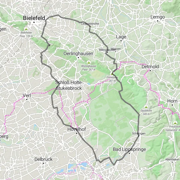Map miniature of "Panoramic Hills and Castles" cycling inspiration in Detmold, Germany. Generated by Tarmacs.app cycling route planner