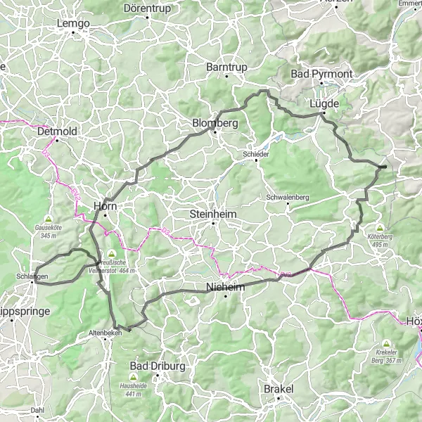 Map miniature of "Schlangen-Kohlstadt Loop" cycling inspiration in Detmold, Germany. Generated by Tarmacs.app cycling route planner