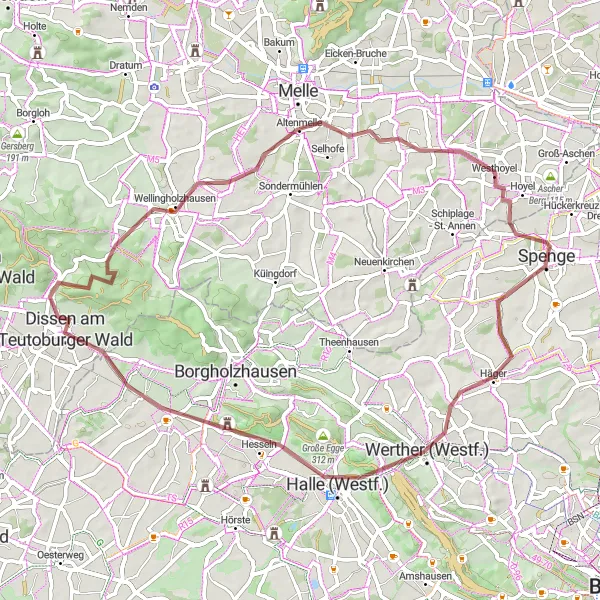 Karten-Miniaturansicht der Radinspiration "Gravel-Tour Spenge - Wellingholzhausen - Westhoyel" in Detmold, Germany. Erstellt vom Tarmacs.app-Routenplaner für Radtouren