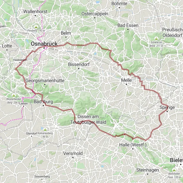 Karten-Miniaturansicht der Radinspiration "Gravelabenteuer Osnabrück" in Detmold, Germany. Erstellt vom Tarmacs.app-Routenplaner für Radtouren