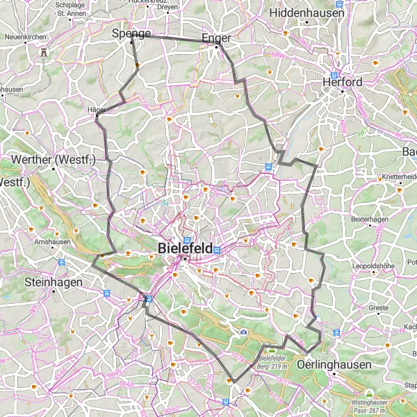 Karten-Miniaturansicht der Radinspiration "Rundtour Spenge - Häger - Werburg-Ensemble" in Detmold, Germany. Erstellt vom Tarmacs.app-Routenplaner für Radtouren
