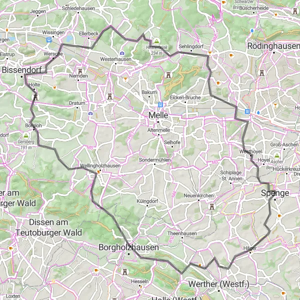 Karten-Miniaturansicht der Radinspiration "Durch das Wiehengebirge und Teutoburger Wald" in Detmold, Germany. Erstellt vom Tarmacs.app-Routenplaner für Radtouren