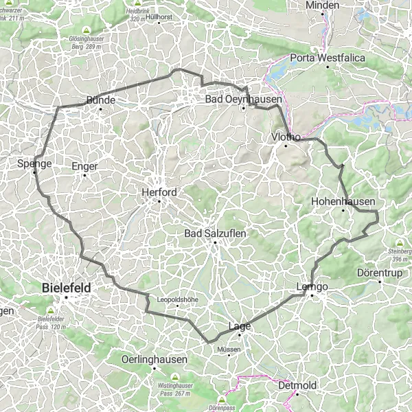 Karten-Miniaturansicht der Radinspiration "Die Straßenradtour durch Lippe und Vlotho entdecken" in Detmold, Germany. Erstellt vom Tarmacs.app-Routenplaner für Radtouren