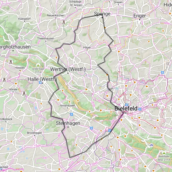 Karten-Miniaturansicht der Radinspiration "Rundweg von Spenge nach Wallenbrück" in Detmold, Germany. Erstellt vom Tarmacs.app-Routenplaner für Radtouren