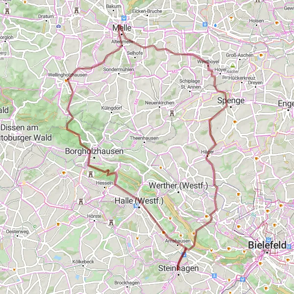 Karten-Miniaturansicht der Radinspiration "Herausfordernde Tour um Melle und Spenge" in Detmold, Germany. Erstellt vom Tarmacs.app-Routenplaner für Radtouren