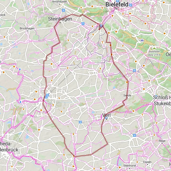 Karten-Miniaturansicht der Radinspiration "Rundtour über Sennberg und Gütersloh" in Detmold, Germany. Erstellt vom Tarmacs.app-Routenplaner für Radtouren