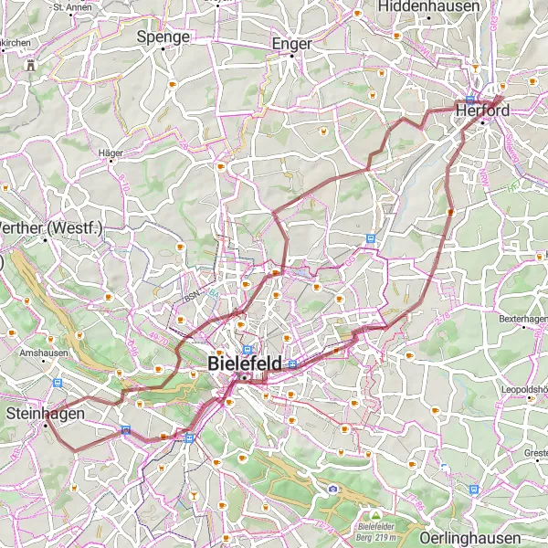Karten-Miniaturansicht der Radinspiration "Rundtour um Bielefeld mit Sparrenberg" in Detmold, Germany. Erstellt vom Tarmacs.app-Routenplaner für Radtouren