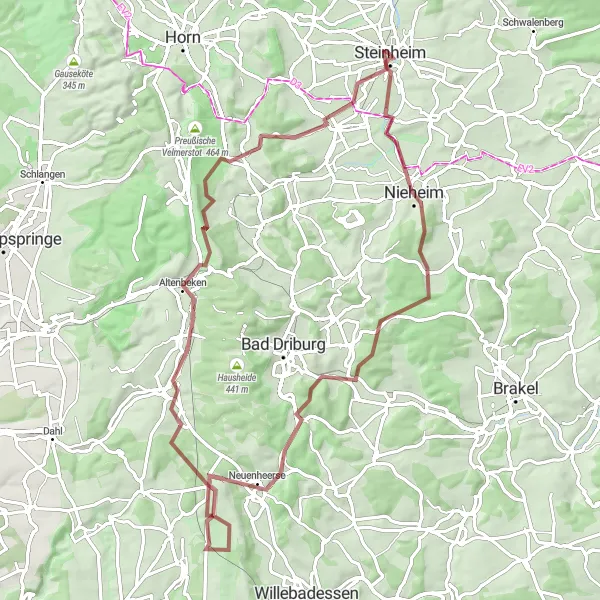 Karten-Miniaturansicht der Radinspiration "Abenteuerliche Gravel-Tour um Steinheim" in Detmold, Germany. Erstellt vom Tarmacs.app-Routenplaner für Radtouren