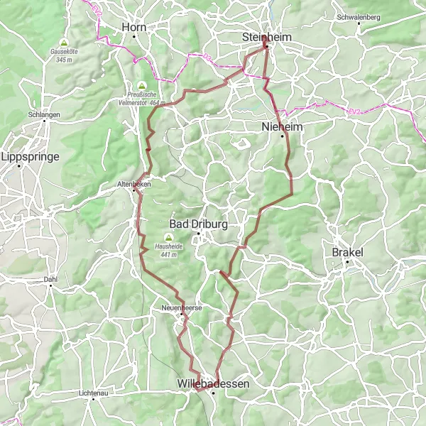 Map miniature of "Steinheim to Altenbeken Gravel Route" cycling inspiration in Detmold, Germany. Generated by Tarmacs.app cycling route planner