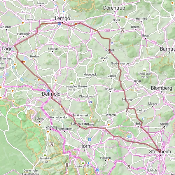 Map miniature of "Steinheim to Tintrup Gravel Route" cycling inspiration in Detmold, Germany. Generated by Tarmacs.app cycling route planner