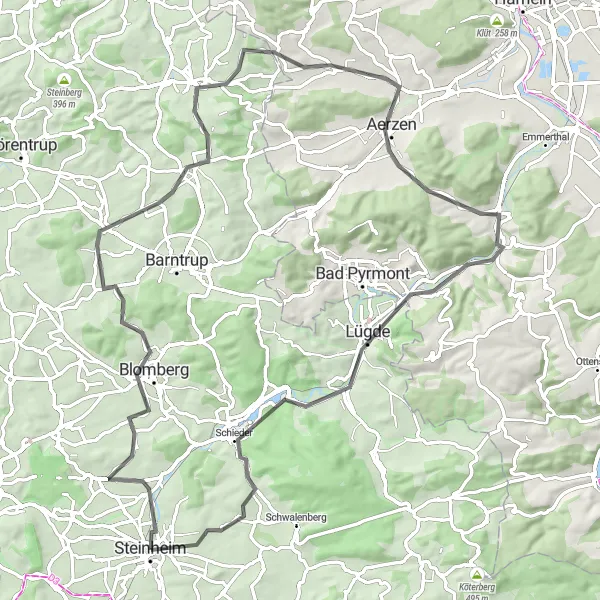 Map miniature of "Schorrberg to Tubbersberg Road Route" cycling inspiration in Detmold, Germany. Generated by Tarmacs.app cycling route planner