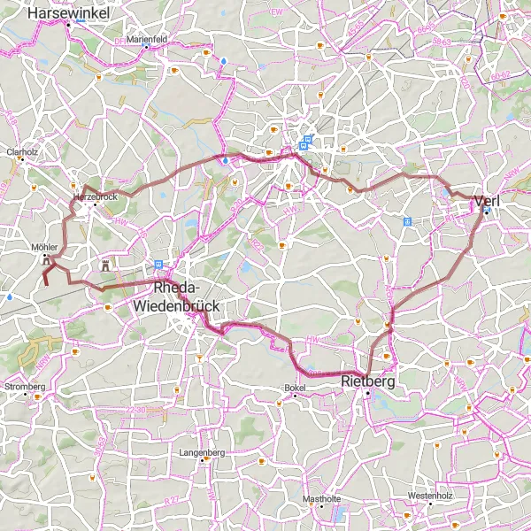 Map miniature of "Rheda-Wiedenbrück Loop on Gravel" cycling inspiration in Detmold, Germany. Generated by Tarmacs.app cycling route planner