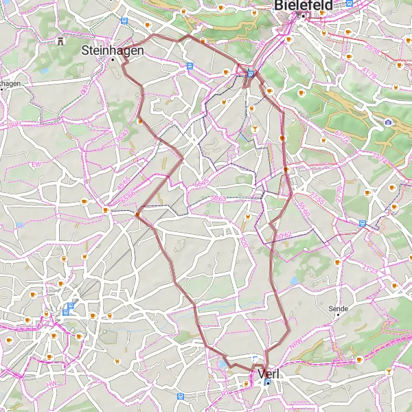 Karten-Miniaturansicht der Radinspiration "Gravelroute durch Sürenheide und Brackwede" in Detmold, Germany. Erstellt vom Tarmacs.app-Routenplaner für Radtouren