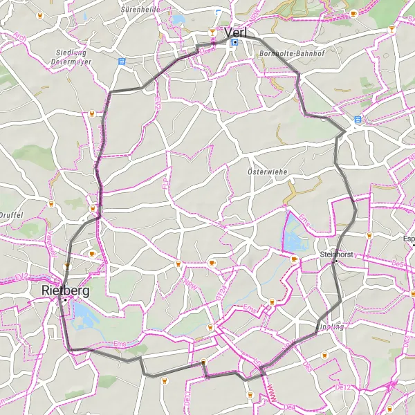 Map miniature of "Verl Loop on Road" cycling inspiration in Detmold, Germany. Generated by Tarmacs.app cycling route planner