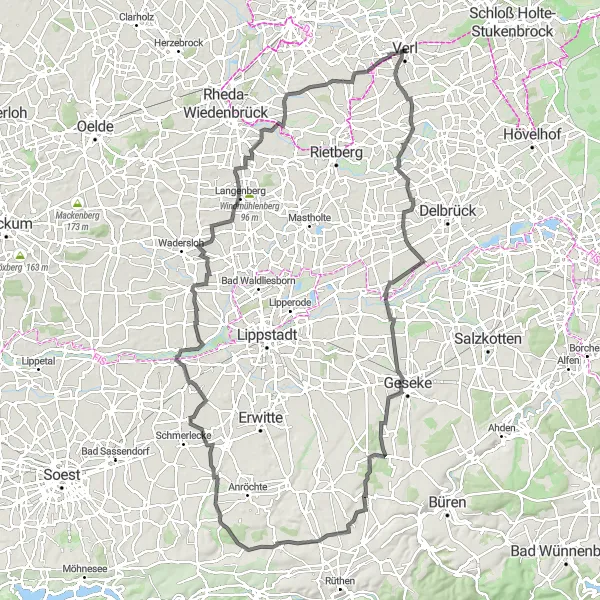 Map miniature of "Verl-Liesborn Round Trip" cycling inspiration in Detmold, Germany. Generated by Tarmacs.app cycling route planner