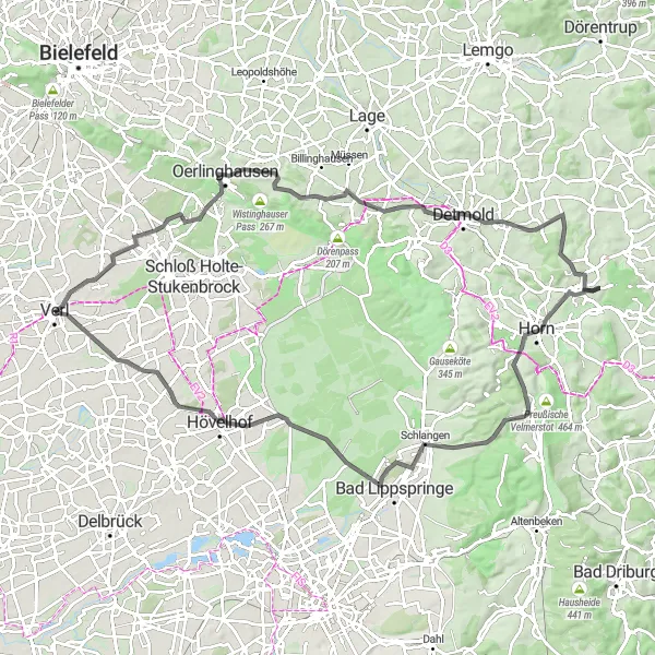 Karten-Miniaturansicht der Radinspiration "Road-Tour zu den Albedyllbergen und Oerlinghausen" in Detmold, Germany. Erstellt vom Tarmacs.app-Routenplaner für Radtouren