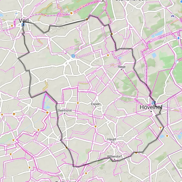 Map miniature of "Verl to Bornholte-Bahnhof Loop" cycling inspiration in Detmold, Germany. Generated by Tarmacs.app cycling route planner