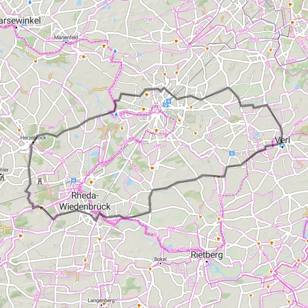 Map miniature of "Verl to Rheda-Wiedenbrück Road Tour" cycling inspiration in Detmold, Germany. Generated by Tarmacs.app cycling route planner