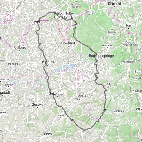 Map miniature of "The Verl Castle Loop" cycling inspiration in Detmold, Germany. Generated by Tarmacs.app cycling route planner