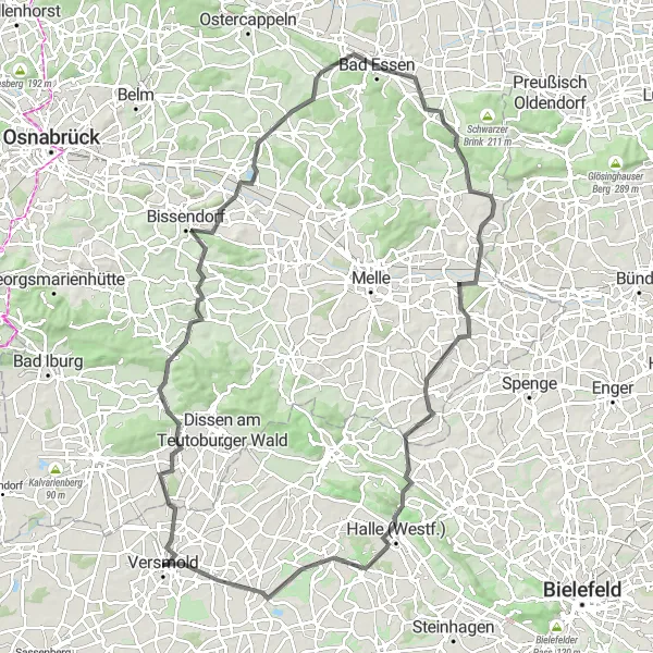 Karten-Miniaturansicht der Radinspiration "Hilter am Teutoburger Wald-Hülsberg-Bissendorf-Werscher Berg-Bad Essen-Neuenkirchen-Kleeberg-Halle (Westf.)-Oesterweg-Schleife" in Detmold, Germany. Erstellt vom Tarmacs.app-Routenplaner für Radtouren