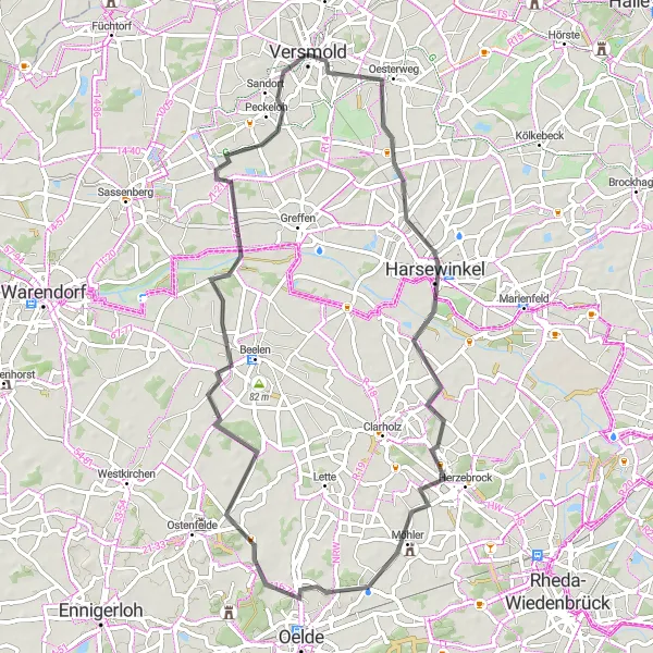 Map miniature of "Möhler and Peckeloh Road Tour" cycling inspiration in Detmold, Germany. Generated by Tarmacs.app cycling route planner