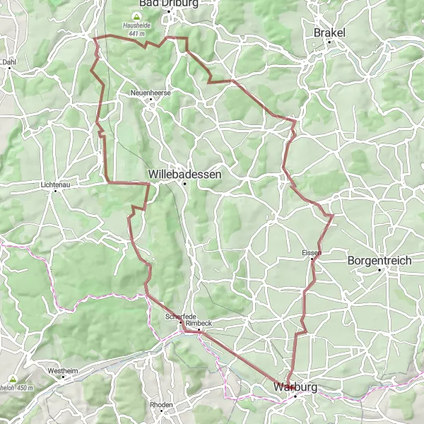 Karten-Miniaturansicht der Radinspiration "Gravel Tour um Warburg" in Detmold, Germany. Erstellt vom Tarmacs.app-Routenplaner für Radtouren