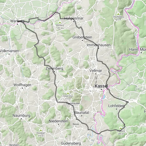 Karten-Miniaturansicht der Radinspiration "Road Cycling Experience um Warburg" in Detmold, Germany. Erstellt vom Tarmacs.app-Routenplaner für Radtouren