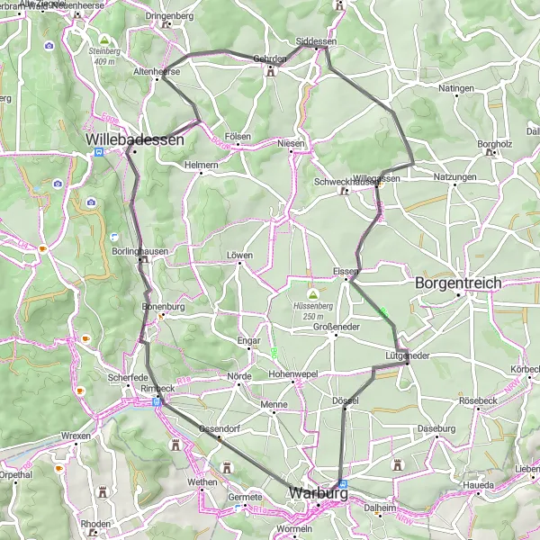 Karten-Miniaturansicht der Radinspiration "Entspannte Radtour durch die Umgebung von Warburg" in Detmold, Germany. Erstellt vom Tarmacs.app-Routenplaner für Radtouren
