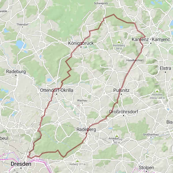 Map miniature of "Hills and Valleys Gravel Trail" cycling inspiration in Dresden, Germany. Generated by Tarmacs.app cycling route planner