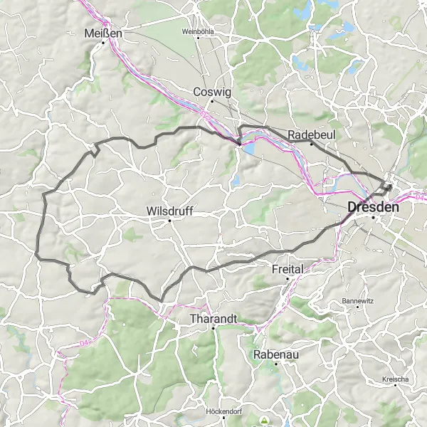 Map miniature of "Road Route to Radebeul" cycling inspiration in Dresden, Germany. Generated by Tarmacs.app cycling route planner